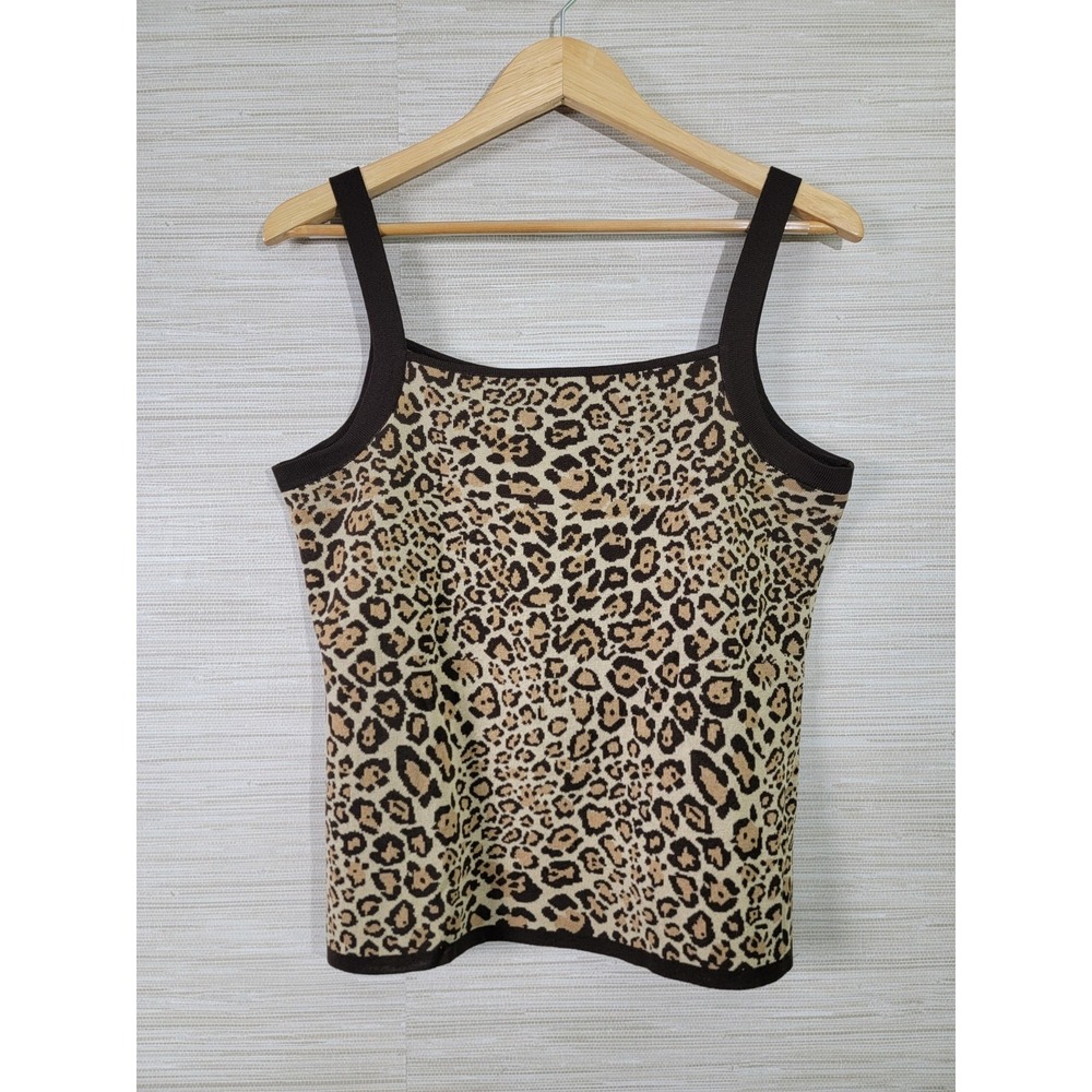 Plein Air Women's Leopard Knit Tank Top Medium Brown Tan Sleeveless Stretch